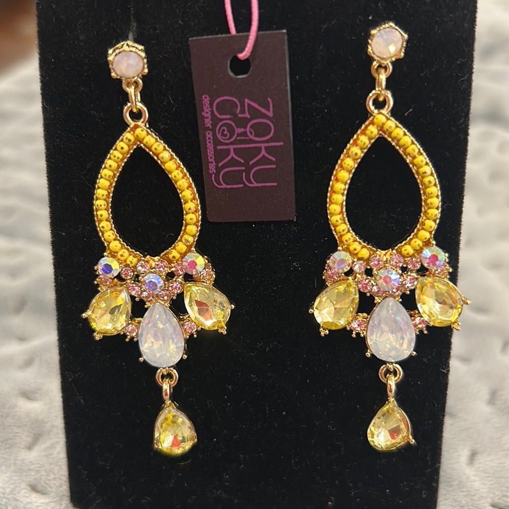 Multi Bead-Yellow, White Frost Opal & Aurora Borealis Crystal  Dangling Earrings